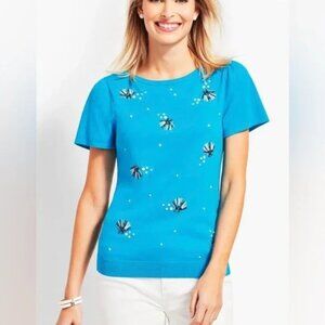 Talbots turquoise blue sea shell embroidered puff cap short sleeve top size XLP